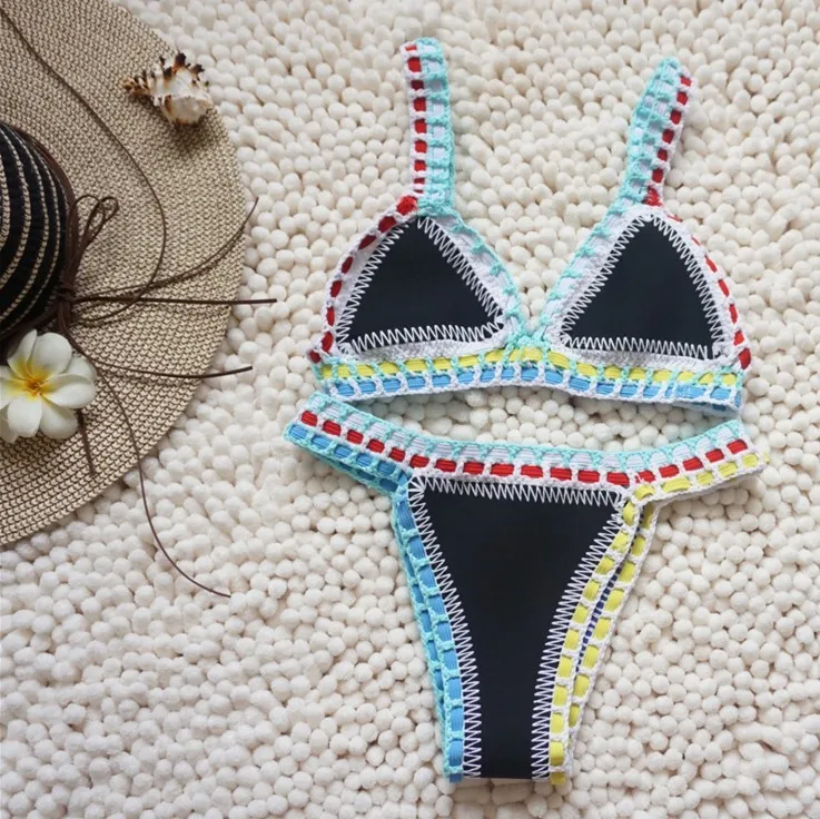 

Micro Bikini 2021 Women Handmade Crochet Knit Swimwear Halter Patchwork Bathing Suit Swimsuit Biquini Thong Bikini traje de bano