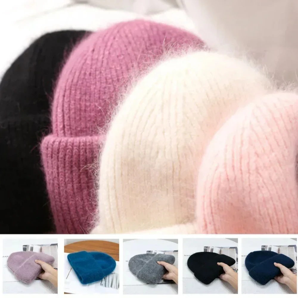 

22colors Rabbit Fur Knitted Beanies Autumn Angola Winter Skullies Women's Hat Fashion Solid Warm Cashmere Wool Three Fold Thick