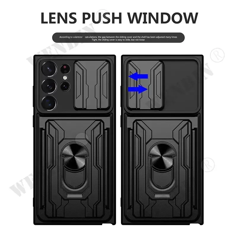 삼성 S25 울트라 플러스 S24 S23 S22 울트라 플러스 A55 A35 A15 A16 슬라이드 스탠드 링 카메라 군용 등급 카드 슬롯 커버