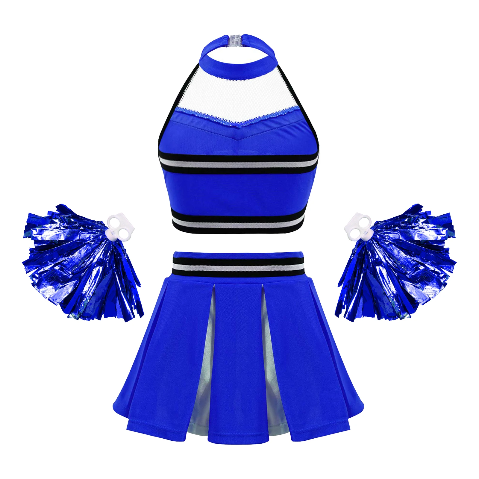 Kids Girls Cheerleader Dance Costume Halter Neck Backless Crop Top with Elastic Waistband Pleated Skirt Cheerleading Uniform
