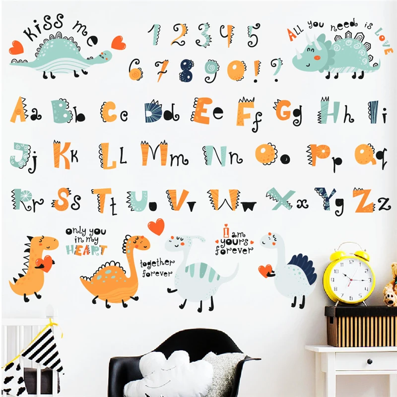 

Dinosaurs Learning Numbers English Letters Wall Stickers For Kids Room Decoration Alphabet Mural Art Home Decals Nursery Poster