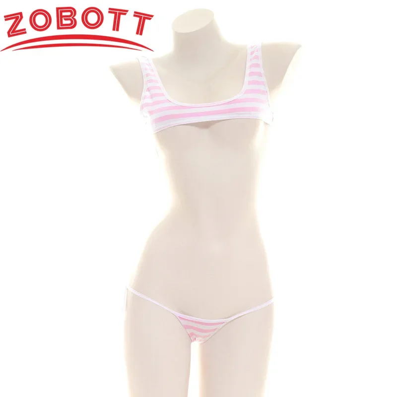 Women Lingerie Japanese Sexy Lolita Kawaii Blue Pink Striped Mini Bikini Adult Cosplay Costume