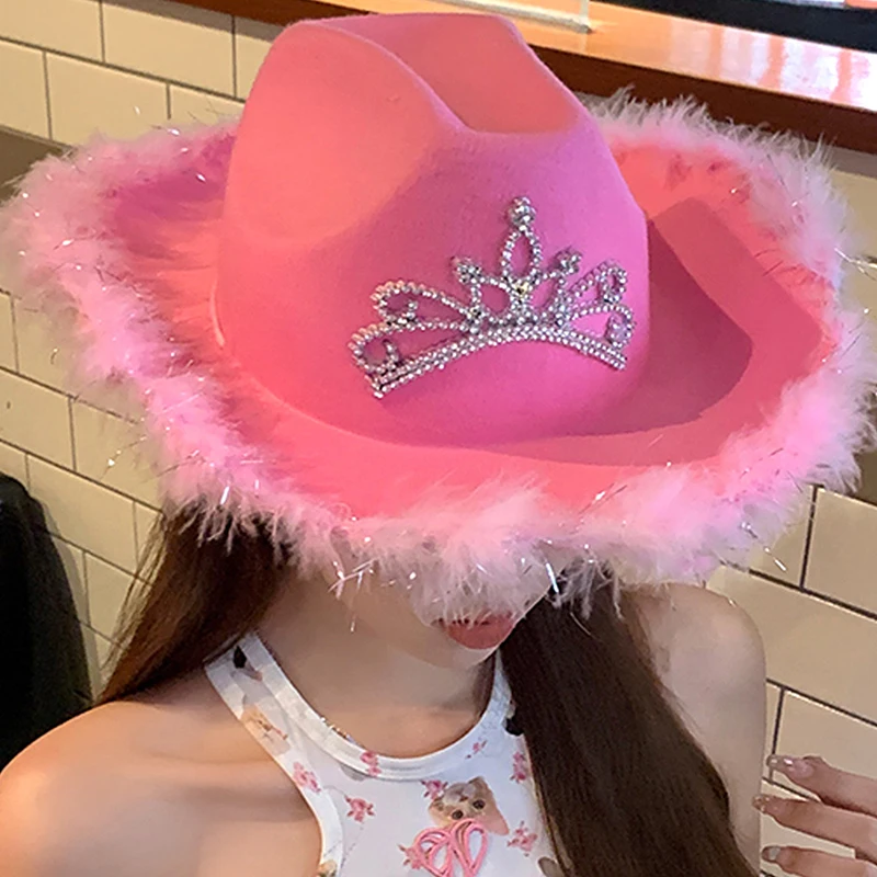 Women's West Cowgirl Hat Girls Tiara Feather Felt Western Sequin Cowboy Cap Costume Party Dress Jazz Caps Cosplay Props cowgirl hats