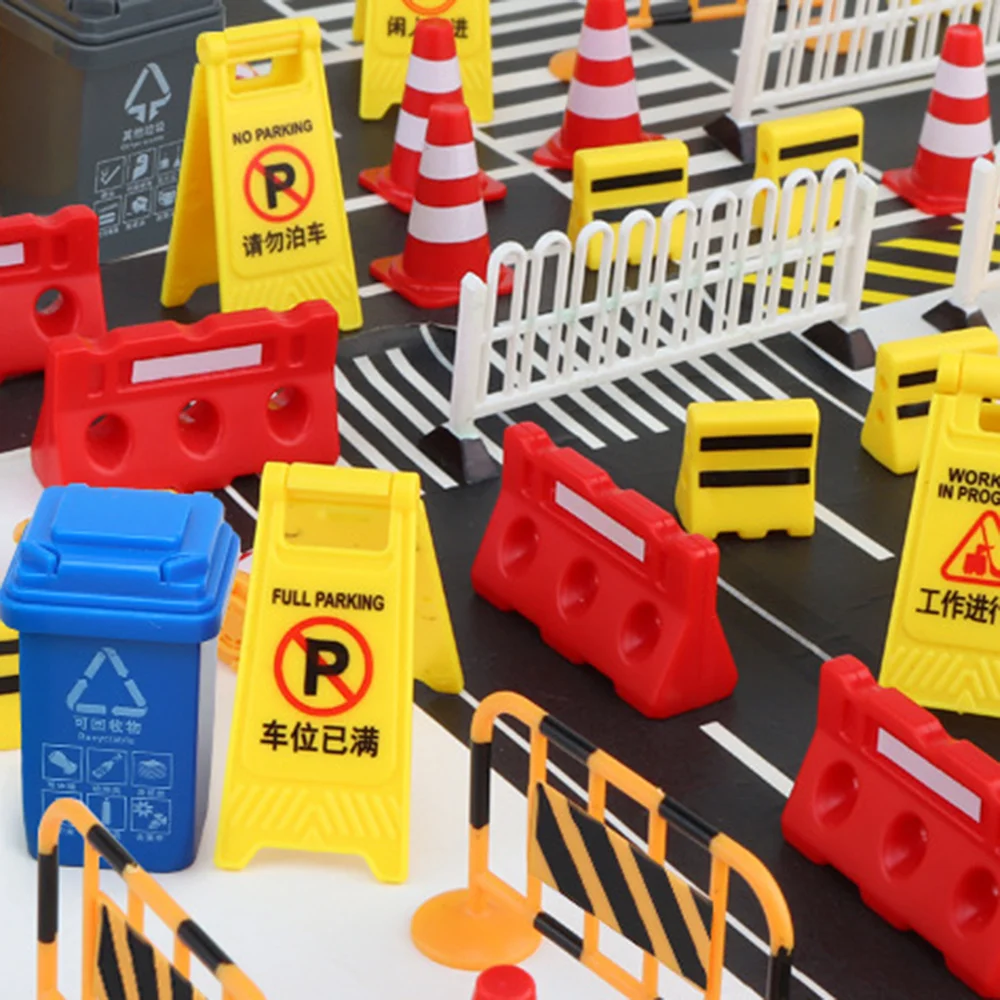 Mini Traffic Signs Construction party Street Signs Playset Traffic Cones Yellow Warning Sign Garbage Can Safety Education Toys