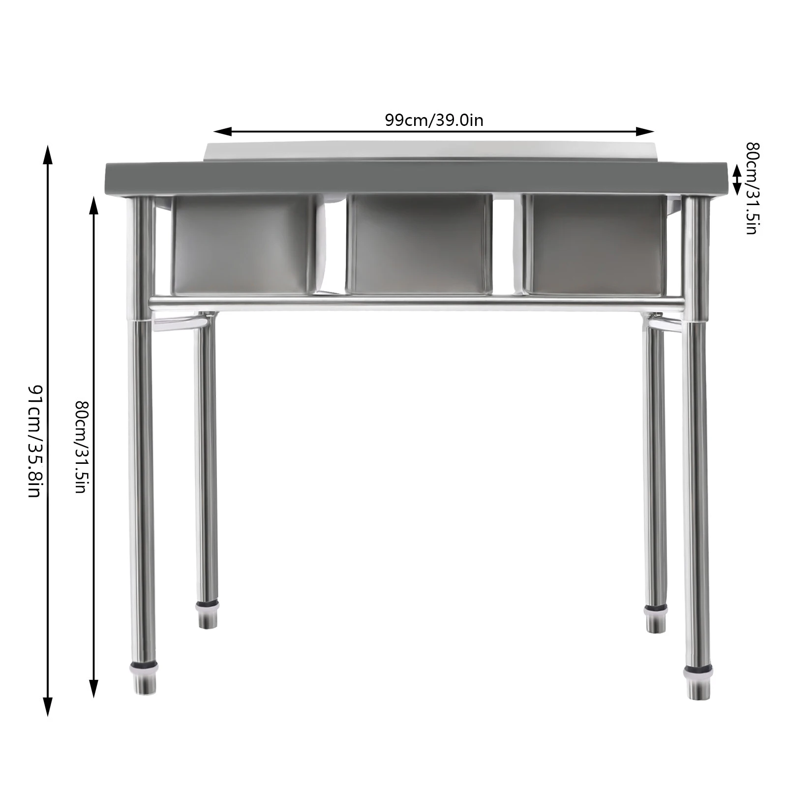 3 Compartment Kitchen Sink Stainless Steel Freestanding with Faucets 39*18*35.8in