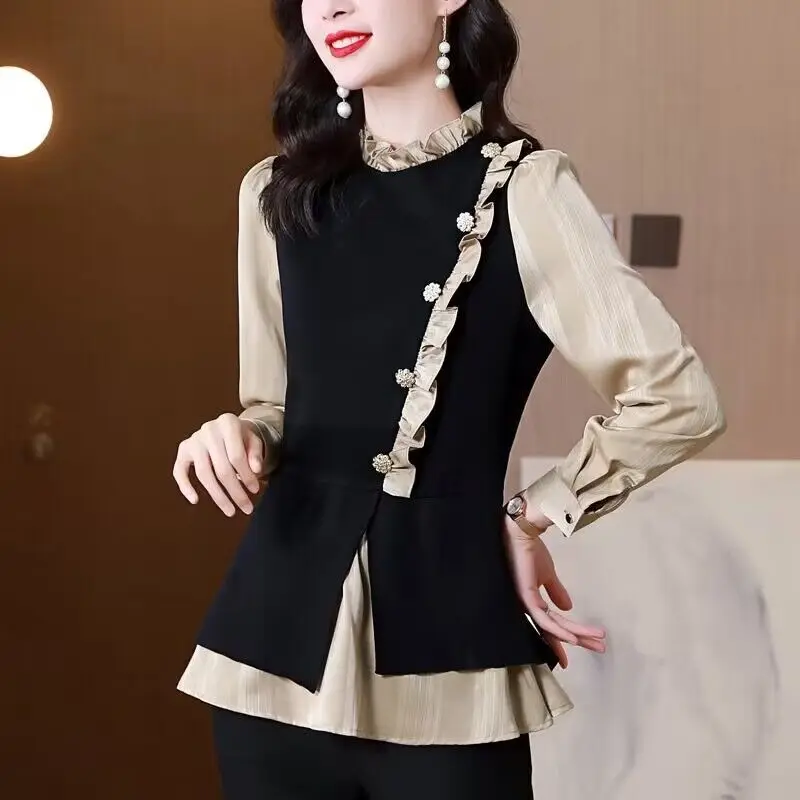 Fashion Spliced Button Ruffles Fake Two Pieces Blouses Women\'s Clothing 2023 Autumn Winter New Elegant Tops Asymmetrical Shirts