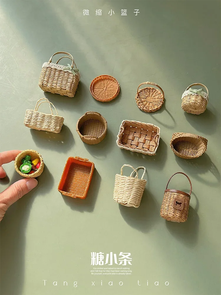 1:12 Dollhouse Ob11Handmade Straw Basket 1:6 Miniature Basket Resin Storage Picnic Fruit Basket Blythe Bjd Toys