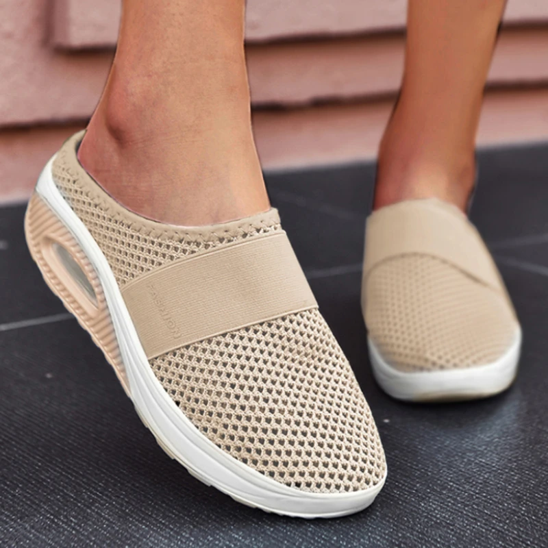 

Women's Mesh Flat Shoes Summer New Air Cushion Causal Ladies Half Slippers Slip on Breathable Wedge Shoes for Women Sandals