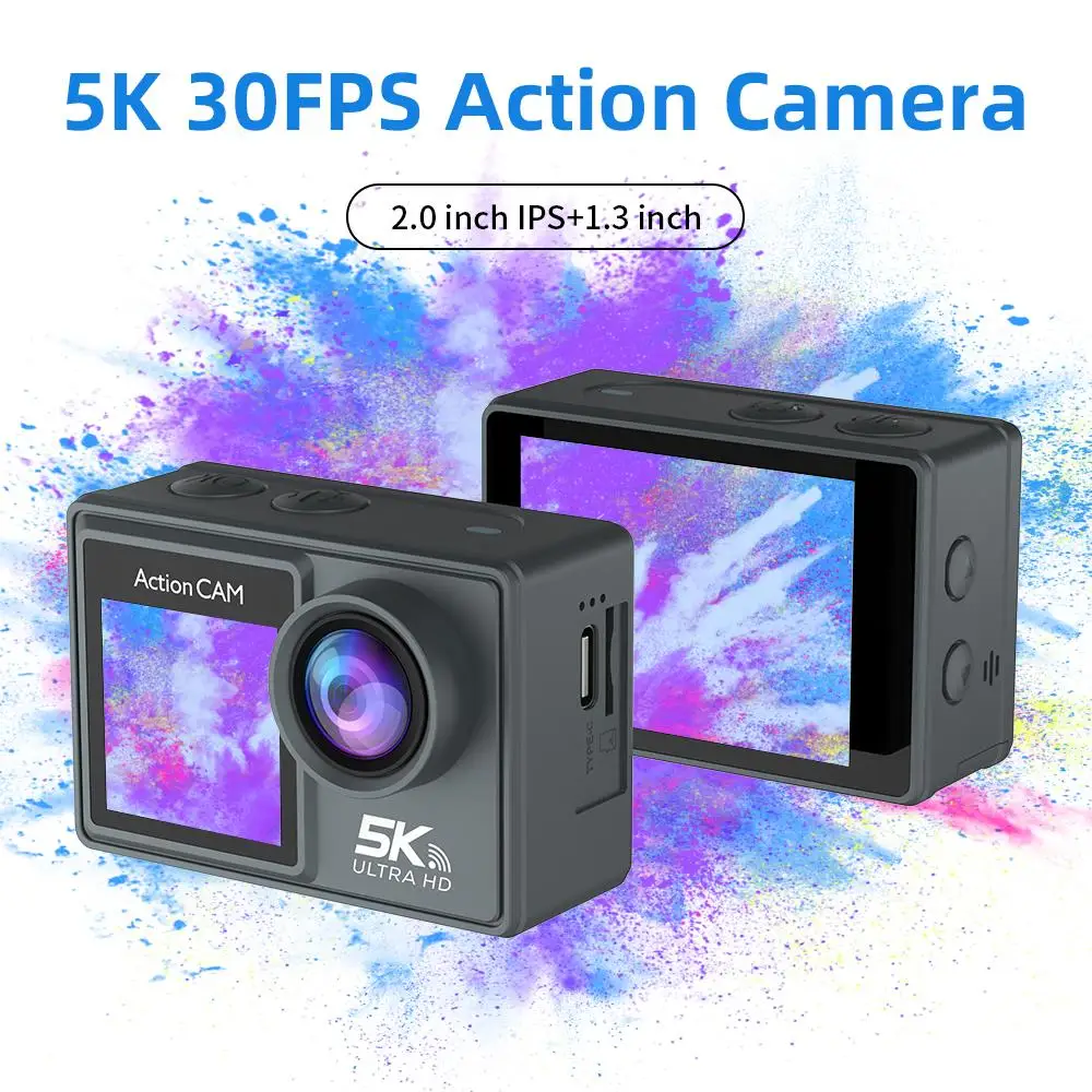 Action Camera 2 Inch IPS Dual Screen Action Camera 5K 30FPS 48MP WiFi Waterproof 30M Underwater Camera 1080P Webcam Vlog WiFi Sports Cam