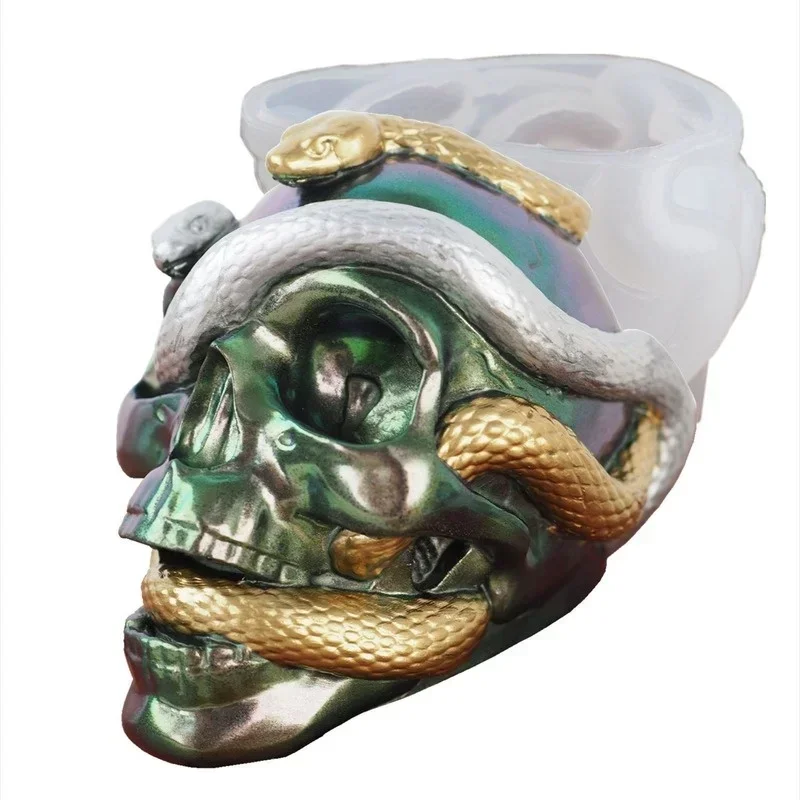Skull Snake Head DIY Epoxy Resin Mold Double Snake Silicone Molds Halloween Haunted Horror House Desk Decor Candle Mold