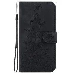 Floral Wallet Flip Cover - Magnetic Leather Phone Case with Lily Design for Reno12 FS 5G (Black)