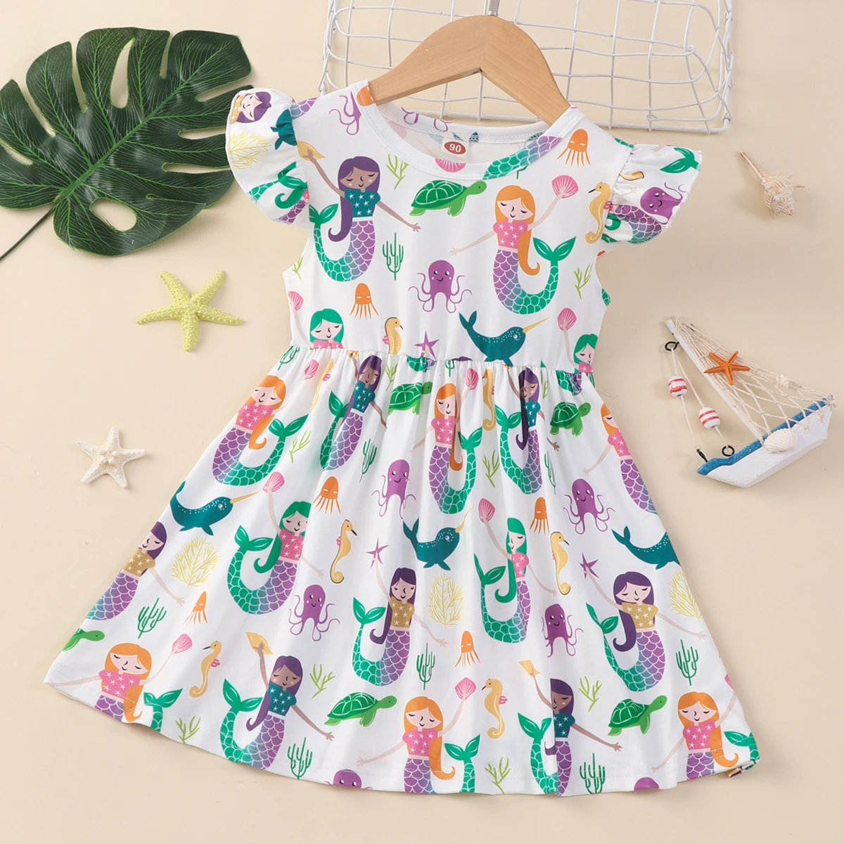 

Летнее платье для девочек, детские платья с милыми мультяшными животными, русалочкой и летящими рукавами, хлопковая одежда с оборками, новинка, одежда для маленьких девочек