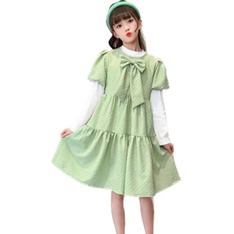 

Girls Clothing Set Long Sleeve Tshirt + Bowknot Dress Two Pieces Cotton Fashion Teenage Outfits for Children Spring Kids Costume