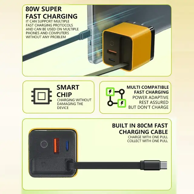 GaN PD USB-C Charging Head 80W Fast Charger With Built-in 80cm TypeC Cable Suitable for iPhone16 15 Promax PD 40W 27W xiaomi 4