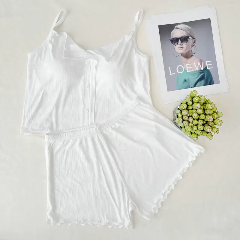 Sexy Cotton Sling Top Shorts Set Bra Pad Sleepwear Pajamas for Women Home Wear Nightwear women pajamas set,women pajama suit,cotton pajamas set