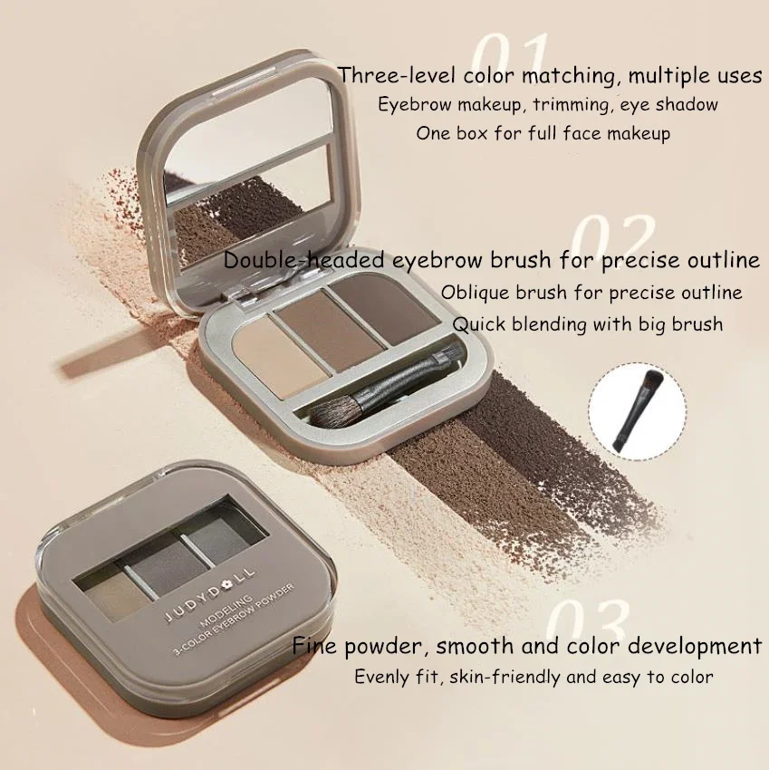 Judydoll 3 Colors Eyebrow Powder Palette Makeup Black Brown EyeBrow Enhancer Professional Waterproof Cosmetic Eye Shadow Palette 2