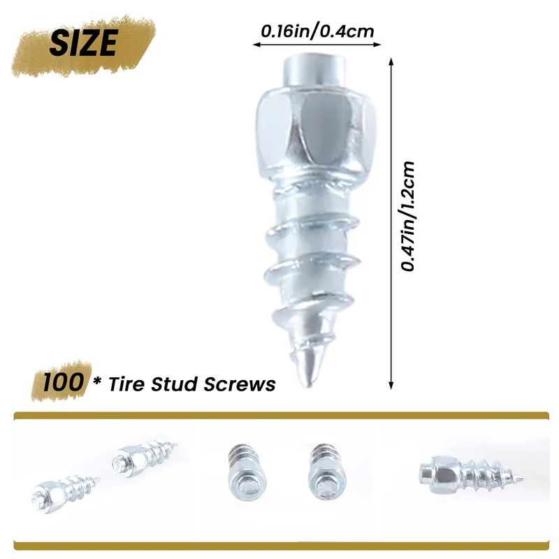 100PCS 12Mm Tire Studs Carbide Screw Snow Spikes Anti-Slip Anti-Ice For Car/SUV/ATV/UTV Car Tire Stud