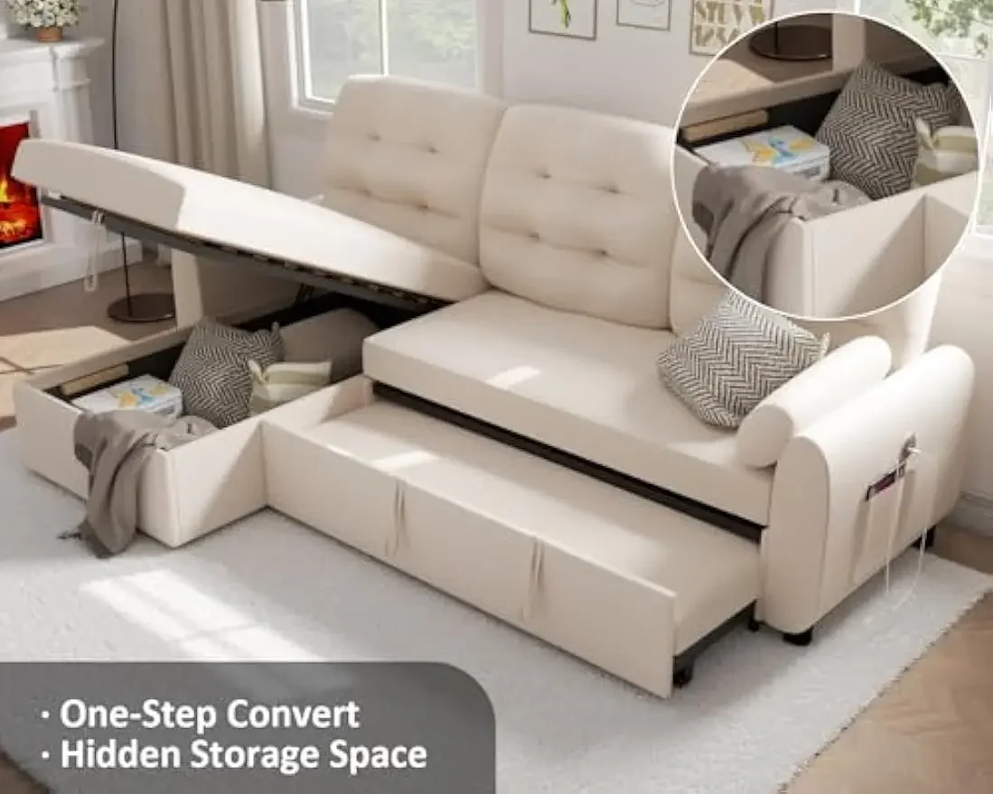 Description Picture 6 of itemSectional Sofa 87" Sleeper Sofa Bed with Reversible Storage Pull Out Couch for Living Room Side Pocket Linen Fabric Beige