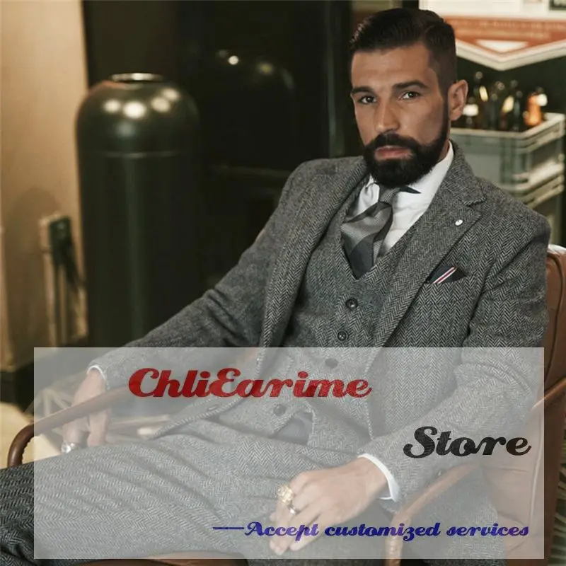 

Wool Tweed Winter Suit for Men Herringbone Slim Fit Formal Groom Tuxedo 3 Piece Wedding Male (Jacket+Vest+Pants)