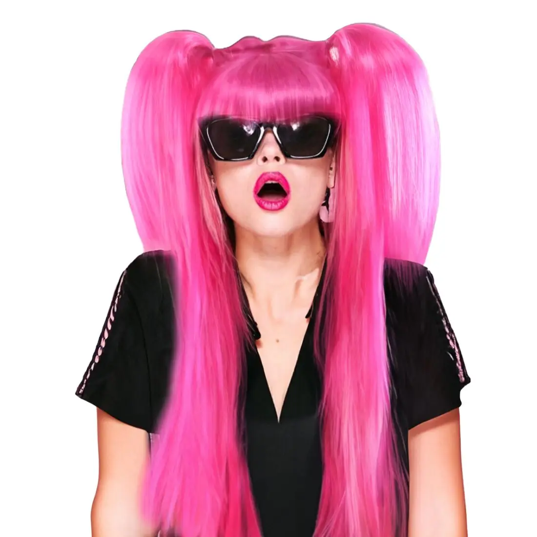 High quality rose red long double ponytail with neat bangs cosplay synthetic wig christmas and other festivals preferred