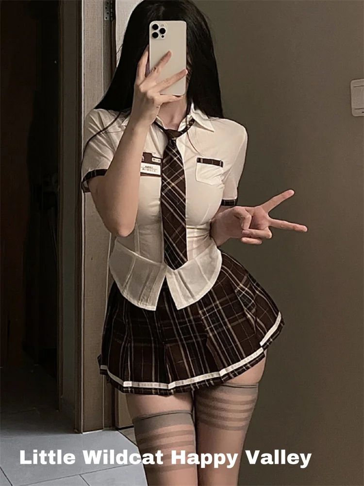 Sexy Lingerie School Student Uniform Role Play Costume Women Cute Mini Skirt Tight Blouse Set Porn College Girl Cosplay_voghion.com