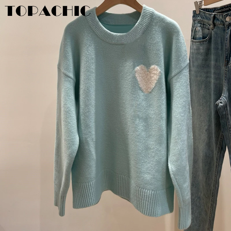 

12.11 TOPACHIC Women's Temperament Loose Sweater Heart-Shaped Round Neck Knitted Pullover Sweater