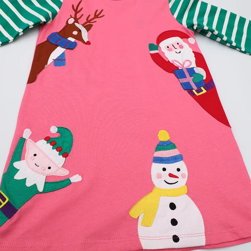 2025 Christmas New Year Clothes for Baby Girls Long Sleeves Embroidery Snow Man Deer Snowman Dress CAutumn Kids