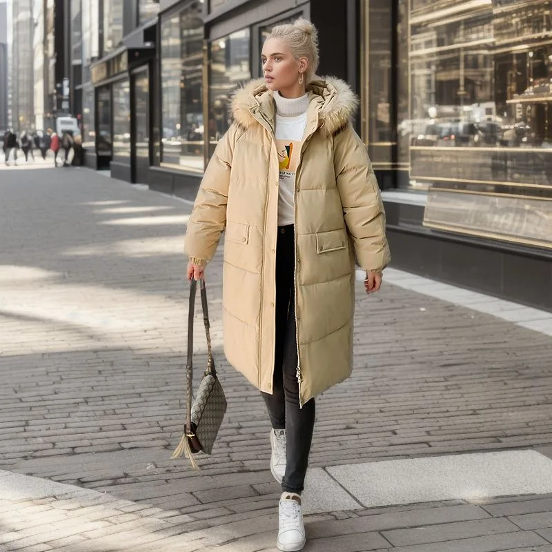 

2023 new winter women's long thick cotton-padded large fur collar coat
