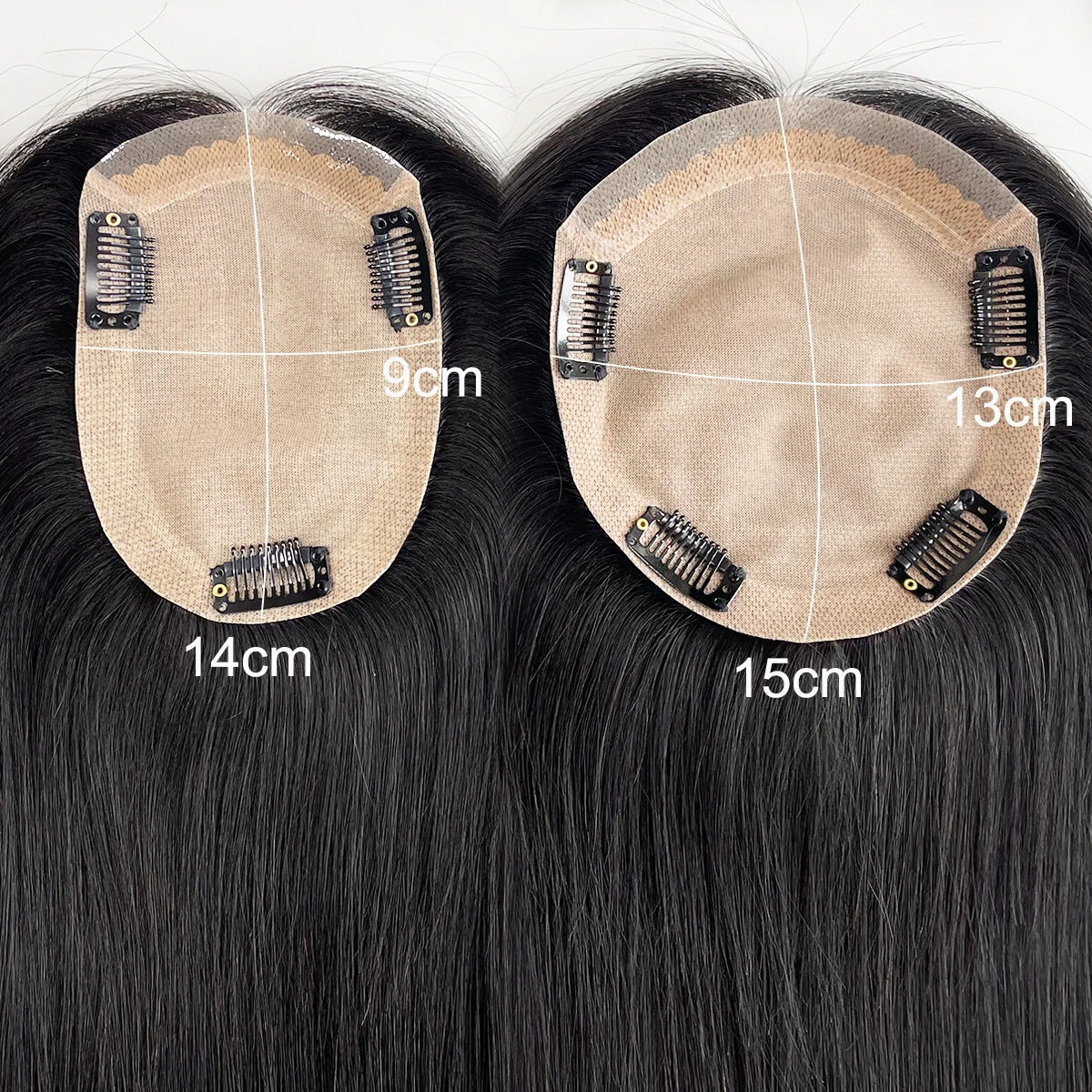 Topper per capelli umani 13x15 cm con clip, base in seta, capelli vergini europei, toupet per donna, pezzi di capelli lunghi e lisci 9x14 cm - immagine 6