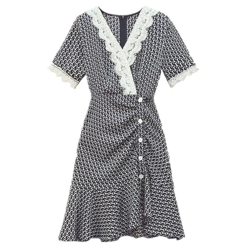 

Large women's dress 2022 summer new fat sister thousand bird lattice thin net red French V-neck Short Sleeve Dress