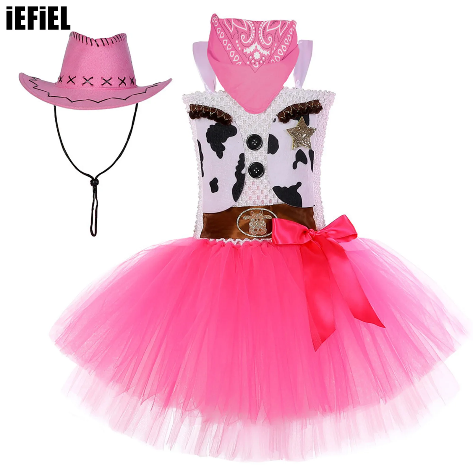 

Kids Girls Halloween Cowgirl Costume Outfit Straps Sleeveless Cow Print Tutu Dress with Felt Drawstring Hat Set for Performance