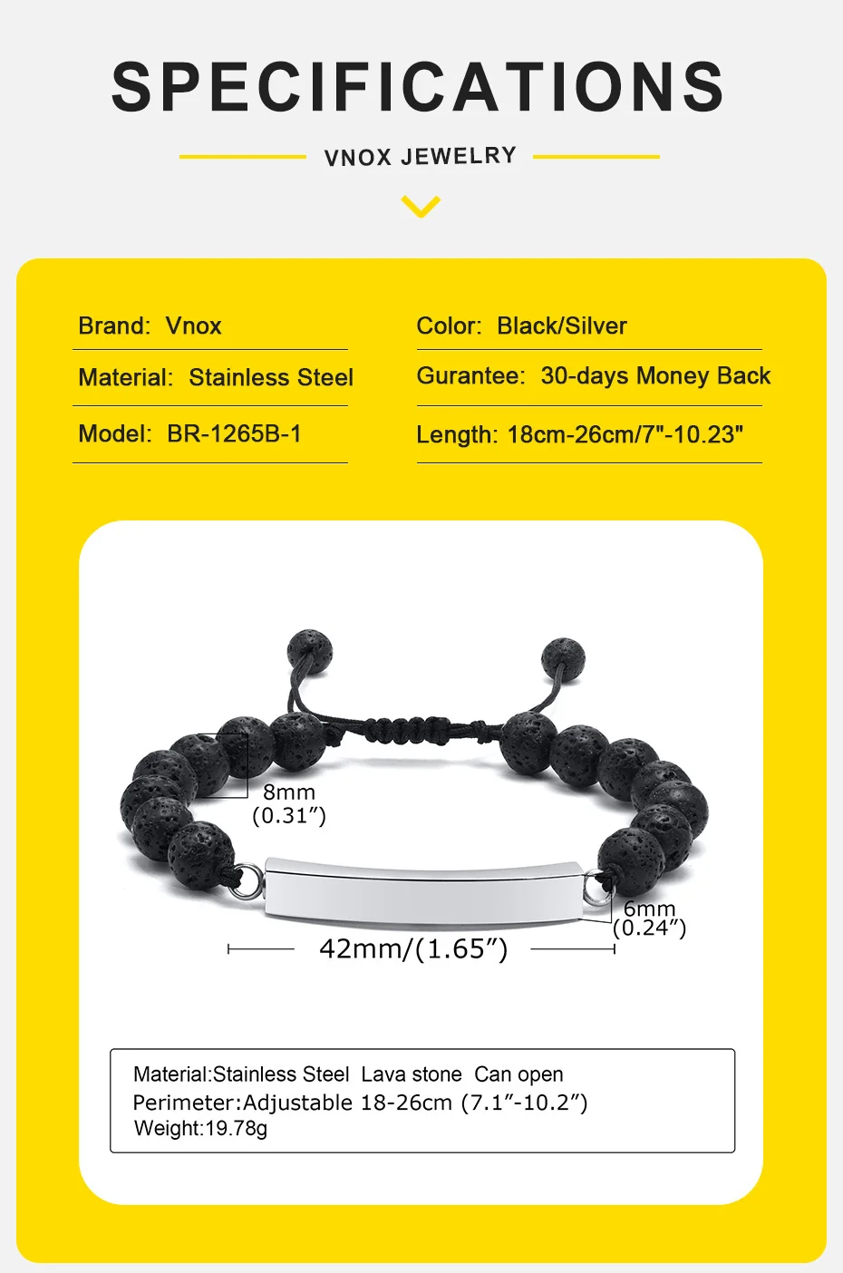 Vnox Einäscherung Urne Armband für Asche Männer Andenken Geschenk Schmuck, schwarz Lava Stein Perlen Strang Denkmal Armband einstellbar – Detail 4