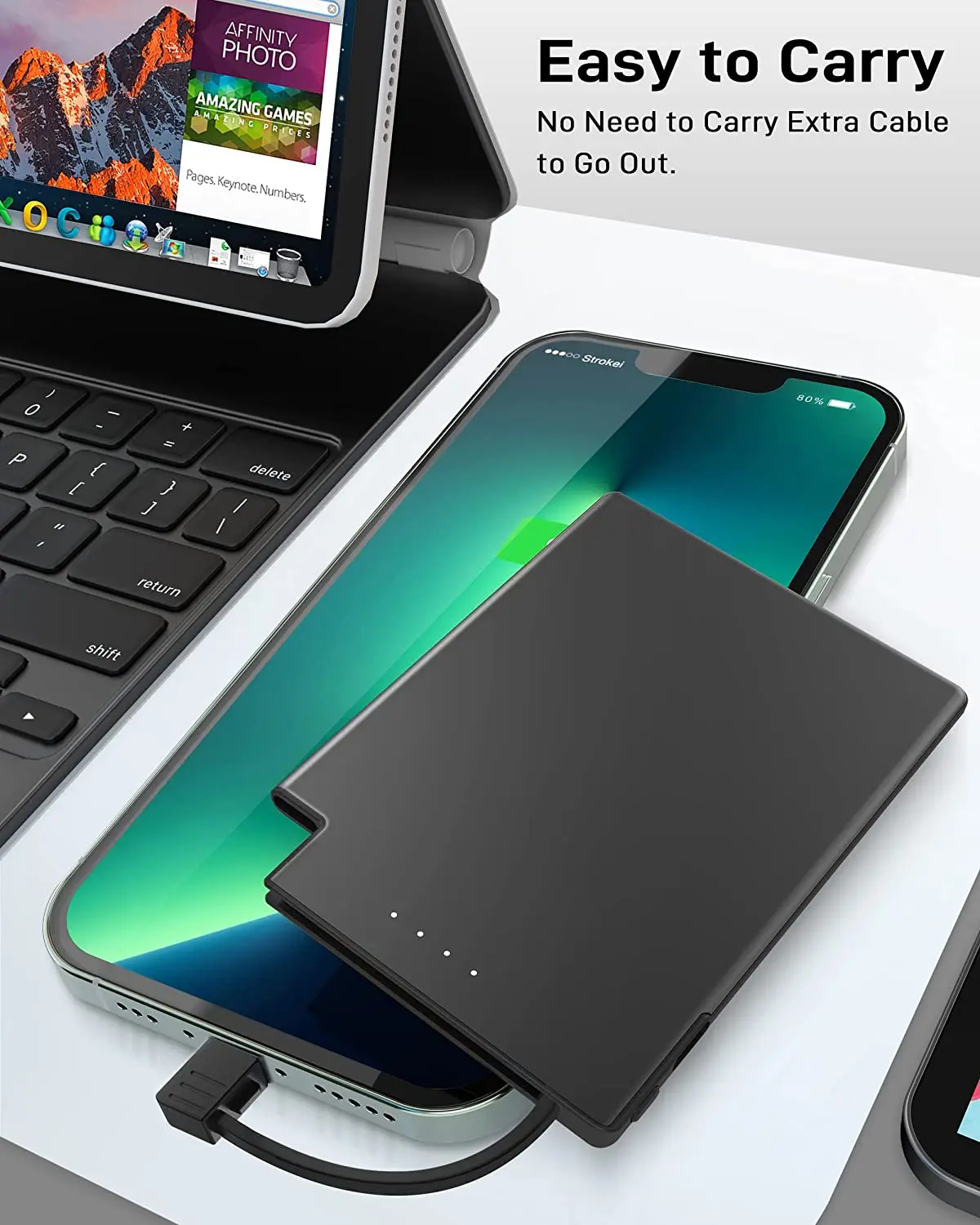 TNTOR Mini Power Bank Slim 3500 mAh Power Bank Fast Charging Battery Built-in Cable for Xiaomi iPhone 15 14 13 Huawei Samsung