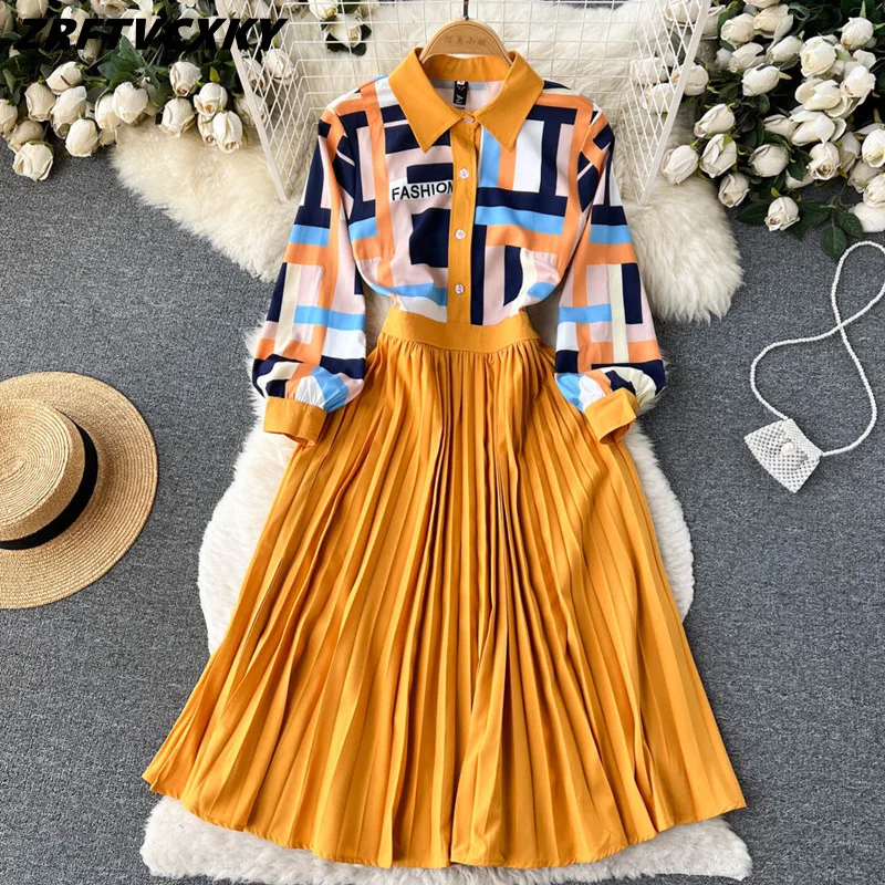 

Runway Spring Fashion Print Midi Shirt Dress for Women Vintage Designer Long Sleeve Casual Patchwork Pleated Holiday Vestidos