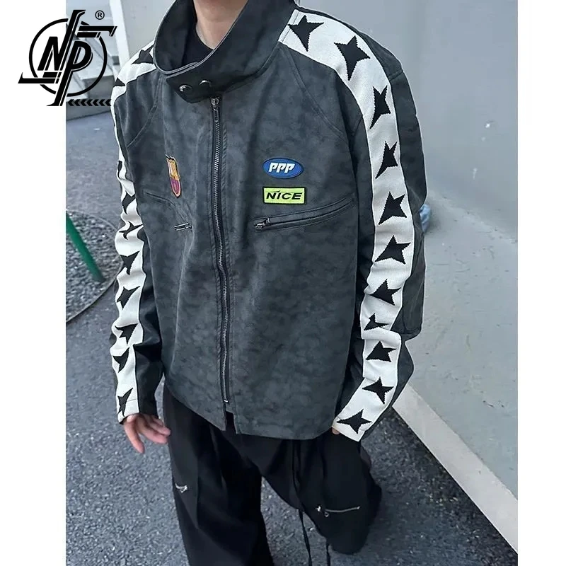 American Vintage Camouflage Moto Giacca Corta Uomo Patchwork Patch Star Print Racing Camoscio Baseball Bomber Coat 2023