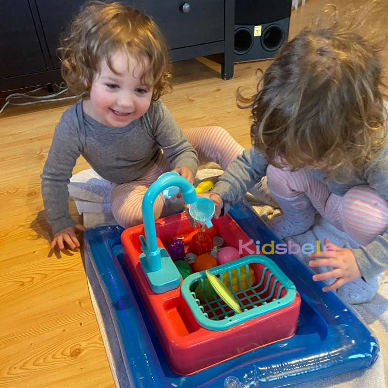 Pretend Play Kitchen Sink Toys with Vegetables and Fruits Electric Dishwasher with Automatic Running Water System