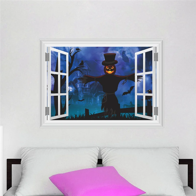 

Pumpkin Lantern Scarecrow 3d Fake Window Wall Stickers For Home Decorations Diy Hallowmas Festival Decal Pvc Poster