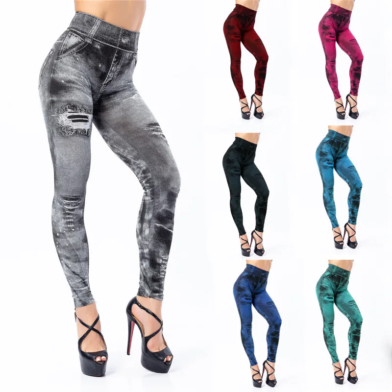 

Sexy Astic Imitation Jeans Leggings High Waist Pants Fitness Slim Legg Mujer 2022 Sport Push Up Leggings for Women Hot
