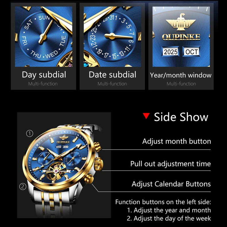 OUPINKE 3296 Mens Watch Original Automatic Mechanical Watch﻿ Sapphire Mirror 50M Waterproof Perpetual Calendar Day-Date Watch