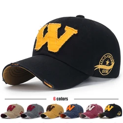 New Fashion W Letter Patch Embroidery Brushed Wash Distressed Design Style Men Women Cotton Adjustable Baseball Cap