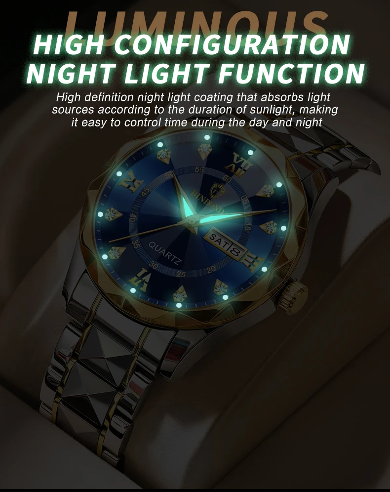 BINBOND 2521 2522 Luxury Couple Quartz Watch Waterproof Night Light Date Stainless Steel Strap Men's and Women's Quartz Watch
