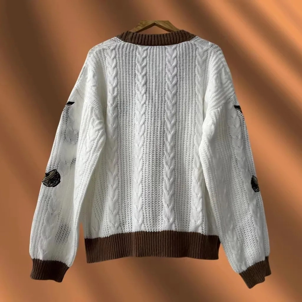 Cute Warm Y2k Knitted ttpd Cardigan Women Oversized Star Embroidery Cardigans Long Sleeve Beige Women Holiday Cardigan 5