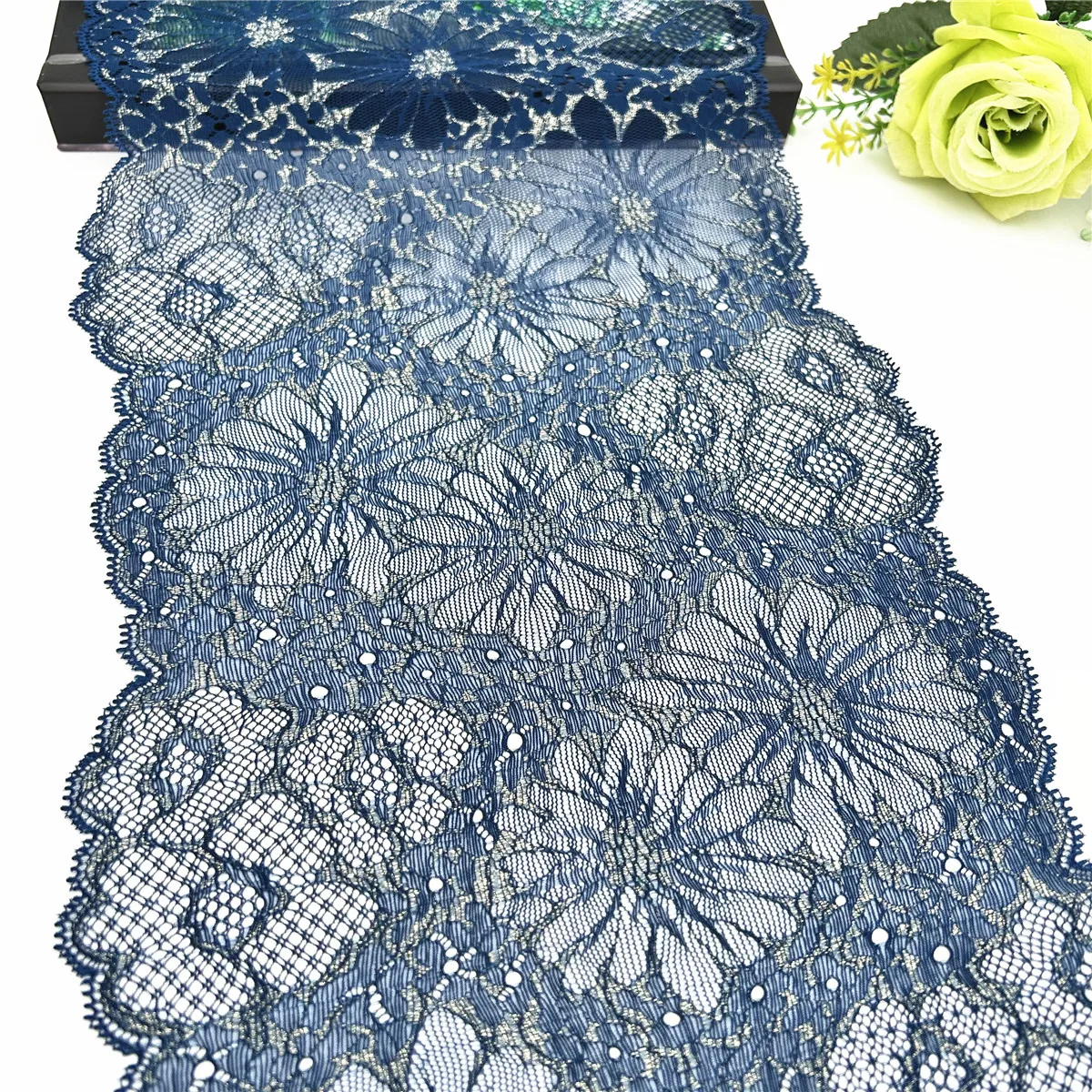 3y/lot Width 23cm Dark Blue With Gold Elastic Stretch Lace Trim 1