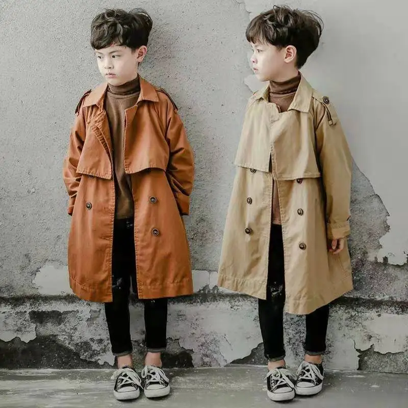 Children Boys Spring Autumn Thin Double Breasted Jackets Solid Turn-down Collar Mid-Length Trench New Fashion Coats Korean boys trench coat
