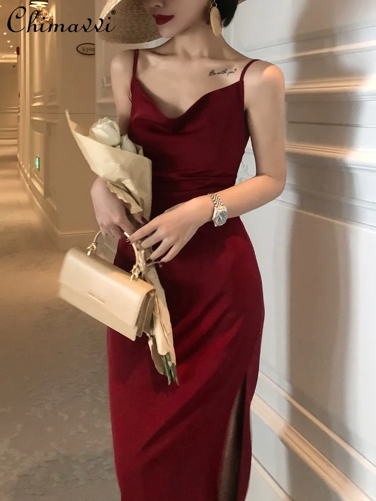 

French Retro Acetate Silk Satin Red Slip Dress for Women 2023 Spring and Summer New Waist-Tight Little Red Dress Female
