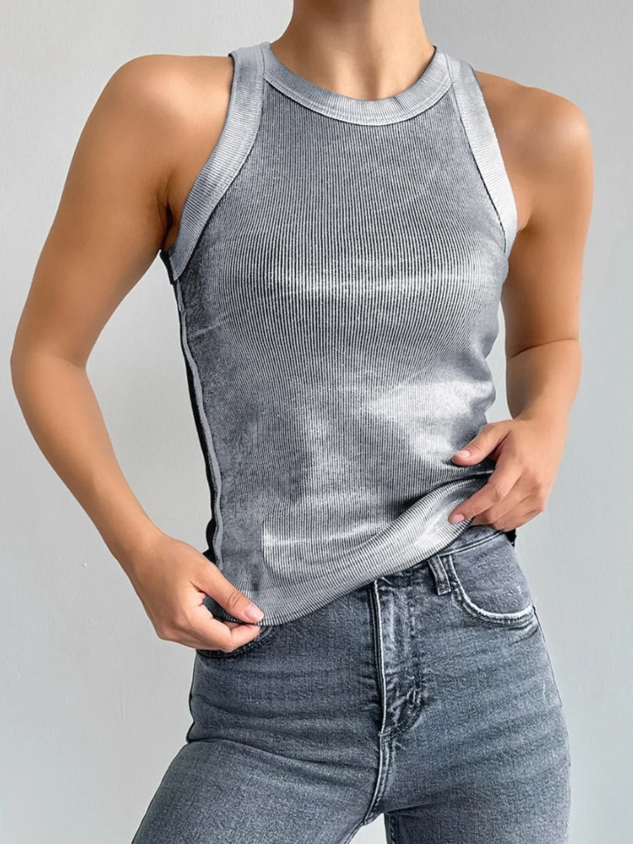 

Модный вязаный серебристый Топ будущего Повседневный Модный Топ Женский Летний Новый облегающий пуловер топы с круглым вырезом