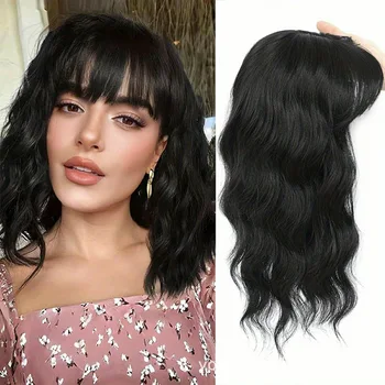 Topper per capelli ondulato da 14 pollici con frangia, Topper per capelli sintetico marrone resistente al calore