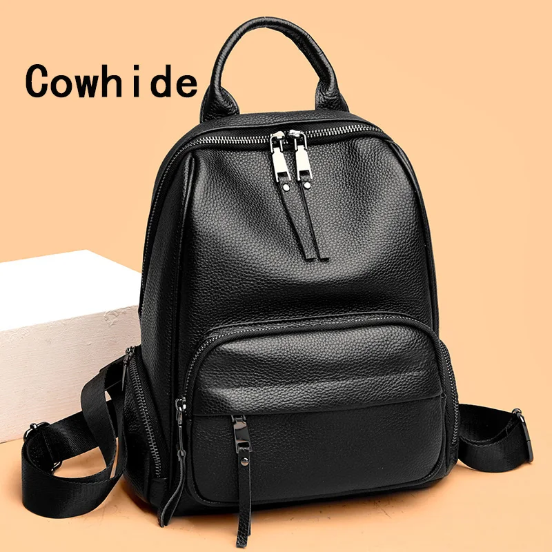 

Cowhide Female Shoulder Backpack High-Capacity Ladies 2023 Women's School Travel Bag Fashion For Girls Shoulder Bags Black