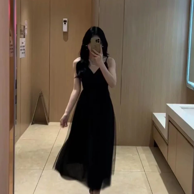 Sleeveless Dresses Women Summer Mid-calf V-neck Sexy Elegant