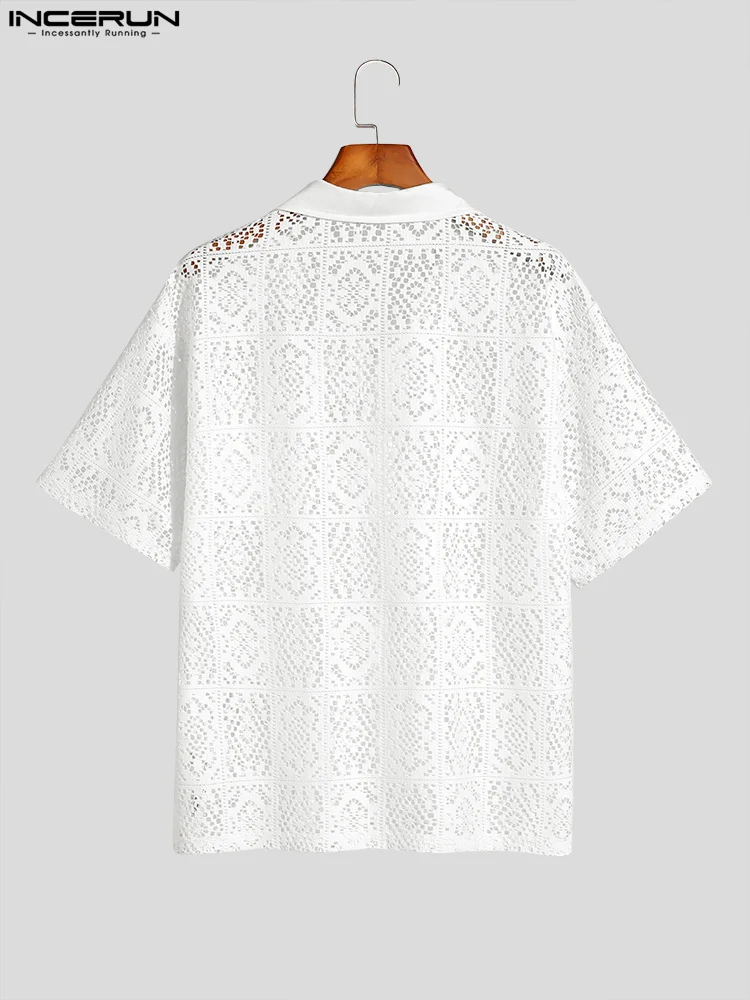 Fashion Casual Style New Men's Tops INCERUN Hollow Lace Pane Flower Printed Blouse Male Knitted Short-sleeved Shirts S-5XL 2023 4